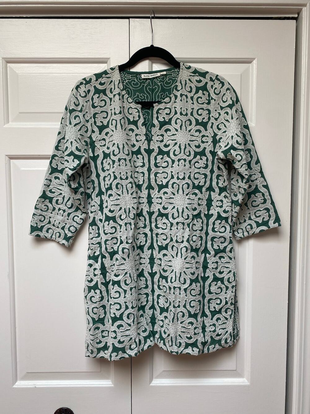 Roberta Roller Rabbit Kurta Tunic Green White Print Small